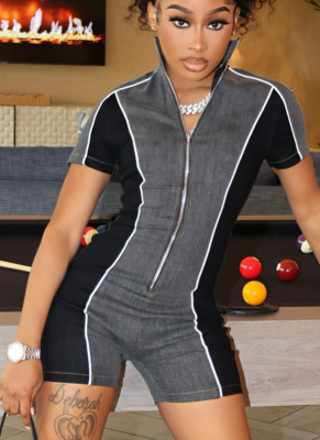 Stand Collar Denim Short Sleeves With Contrasting Color Zipper Slim Fit Jumpsuit