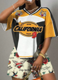 V-Neck Letter Print Casual Fashion Rugby Basketball Women'S Two-Piece Suit