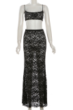 Sexy Hollow Camisole Top Solid Color High Waist Lace Skirt Two Piece Set