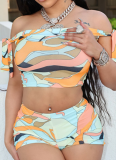 Colorful Printed One-Shoulder Tie-Up Navel-Baring Top High-Waisted Shorts Two-Piece Set