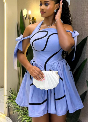 New Temperament Halter Neck Printed Lace-up Off-shoulder High Waist Pleated Dress