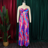 2025 Sexy Printed Strappy Shoulder Pleated Wide Leg Jumpsuit