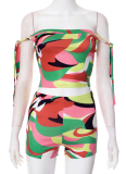 Colorful Printed One-Shoulder Tie-Up Navel-Baring Top High-Waisted Shorts Two-Piece Set
