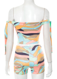 Colorful Printed One-Shoulder Tie-Up Navel-Baring Top High-Waisted Shorts Two-Piece Set