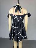 New Temperament Halter Neck Printed Lace-up Off-shoulder High Waist Pleated Dress