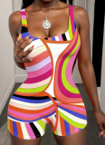 Sexy Slim Fit Printed Suspender U-Neck Hip-hugging Shorts Jumpsuit