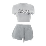 Letter Offset Short-sleeved T-shirt Top With Drawstring and Short Sweatpants Set