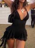 New Sexy Deep V-Neck Halter Backless Wood Ear Edge Solid Color Bodysuit