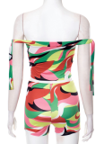 Colorful Printed One-Shoulder Tie-Up Navel-Baring Top High-Waisted Shorts Two-Piece Set