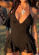 New Sexy Deep V-Neck Halter Backless Wood Ear Edge Solid Color Bodysuit