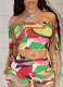 Colorful Printed One-Shoulder Tie-Up Navel-Baring Top High-Waisted Shorts Two-Piece Set