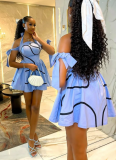 New Temperament Halter Neck Printed Lace-up Off-shoulder High Waist Pleated Dress