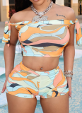 Colorful Printed One-Shoulder Tie-Up Navel-Baring Top High-Waisted Shorts Two-Piece Set