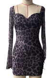 Leopard Print Sweetheart Neckline Backless Fitted Long Sleeve Dress