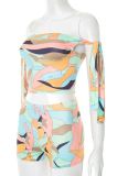 Colorful Printed One-Shoulder Tie-Up Navel-Baring Top High-Waisted Shorts Two-Piece Set