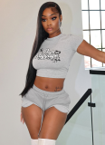 Letter Offset Short-sleeved T-shirt Top With Drawstring and Short Sweatpants Set