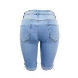 Casual Fashion Skinny Elastic Pleated Denim Shorts