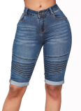 Casual Fashion Skinny Elastic Pleated Denim Shorts