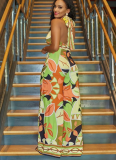Sexy Halterneck Sleeveless Fashion Print Backless High Waist Wide Leg Jumpsuit