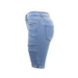 Casual Fashion Skinny Elastic Pleated Denim Shorts