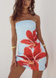 Sexy Women's Tube Top Flower Print Slim Fit Hip Short Dress