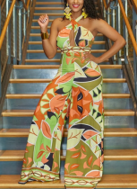 Sexy Halterneck Sleeveless Fashion Print Backless High Waist Wide Leg Jumpsuit
