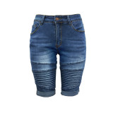 Casual Fashion Skinny Elastic Pleated Denim Shorts