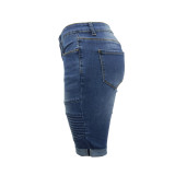 Casual Fashion Skinny Elastic Pleated Denim Shorts