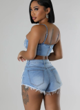 Sexy Pearl Diamond Chain Denim Camisole Shorts Set