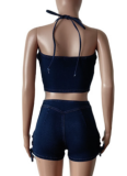 Sexy Solid Color Backless Cross Straps Halter Sleeveless Two Pieces