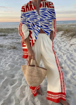 Casual Seaside Tropical Print Women's Shirt Set