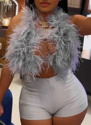 Fashion Sexy Halter Neck Feather Top Tight Shorts Set