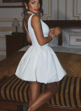 Sexy V-neck Solid Color Slim Fit Fluffy Short Dress