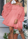 Sexy Gauze One Shoulder Long Sleeve Short Dress