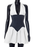 Contrast Color Halter Neck Hollow Tie Backless Waist Dress