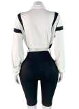 Contrast Color Waist Zipper Belly-Exposing Long-Sleeved Cardigan And Shorts Two-Piece Set