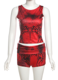 New Sexy Navel-Baring Printed Vest High Waist Hip-Lifting Shorts Two-Piece Suit For Women