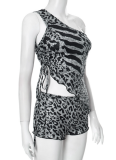 Fashionable Backless Zebra Print Off-Shoulder Tie Top And Shorts Two-Piece Set