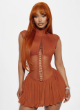 Sexy Round Neck Sleeveless Chest Hollow Lace Pleated Short Skirt Dress