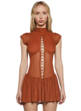 Sexy Round Neck Sleeveless Chest Hollow Lace Pleated Short Skirt Dress