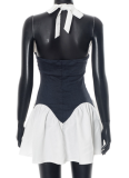 Contrast Color Halter Neck Hollow Tie Backless Waist Dress