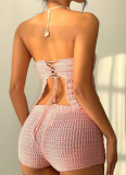 Summer Sexy Navel-Baring Tube Top Hip Shorts Flower Knitted Two-Piece Suit