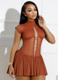 Sexy Round Neck Sleeveless Chest Hollow Lace Pleated Short Skirt Dress