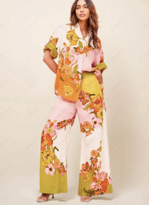 Fashion Floral Print Short-sleeved Colorblock Casual Drawstring Trousers Suit