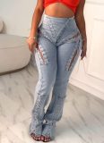Sexy High Waist Ripped Elastic Eyelet Lace-up Hollow Denim Flared Pants
