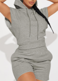 Summer New Style Hooded Pocket Sports Solid Color Casual Two-Piece Suit