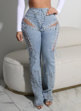 Sexy High Waist Ripped Elastic Eyelet Lace-up Hollow Denim Flared Pants