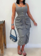 Gray Elegant Casual Three-Dimensional Large Pocket Sleeveless Dress