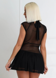 Sexy Round Neck Sleeveless Chest Hollow Lace Pleated Short Skirt Dress