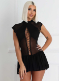 Sexy Round Neck Sleeveless Chest Hollow Lace Pleated Short Skirt Dress